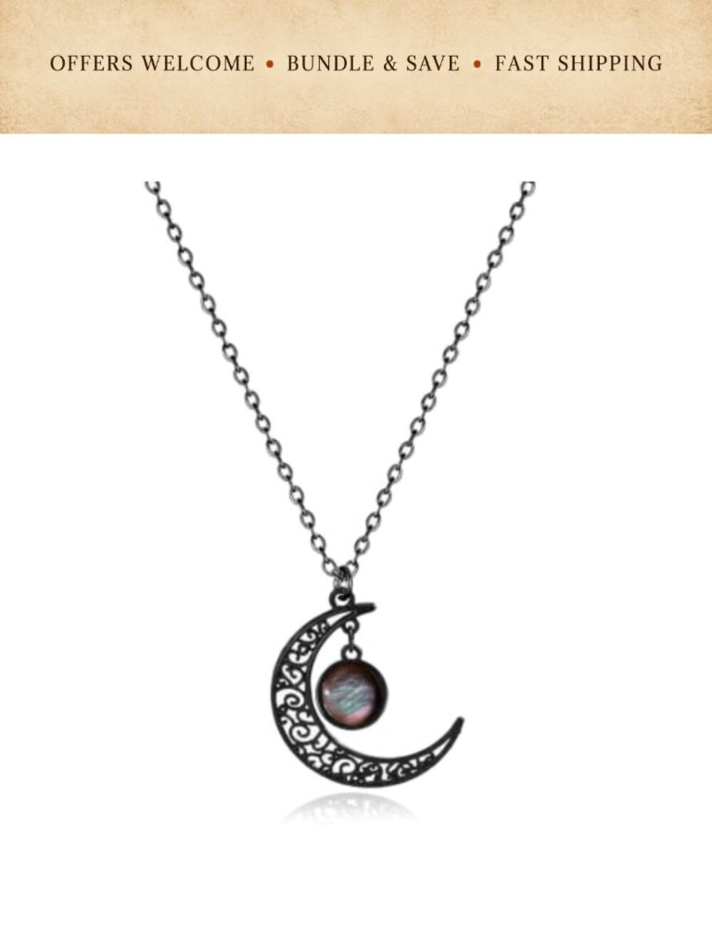 Gothic Crescent Moon Pendant Necklace Black Alloy Filigree Celestial Witchy
